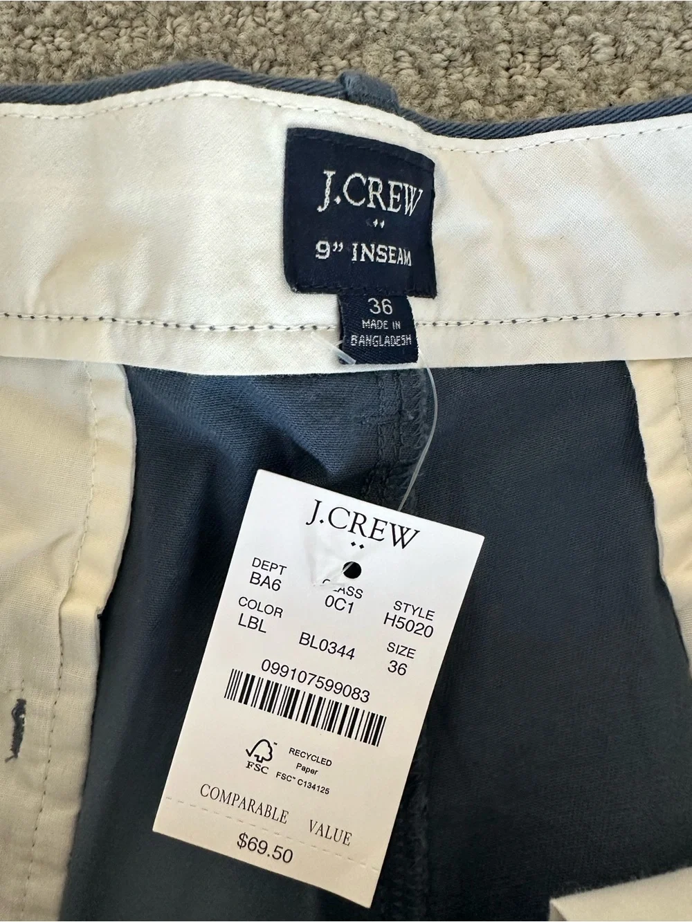 NWT J Crew Men's Navy 9 inch inseam Chino Shorts